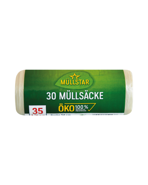 muellstar Oeko Muellsaecke 35 Liter, transparent trueb, 54 mal 60 cm, 100 Prozent recyceltes Polyethylen, 30 Stueck